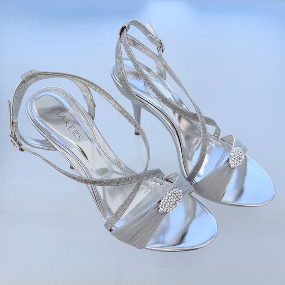 Bakers Skye Silver Glitter Rhinestone Bling Strappy Stiletto High Heel Shoes 10M - Picture 1 of 9